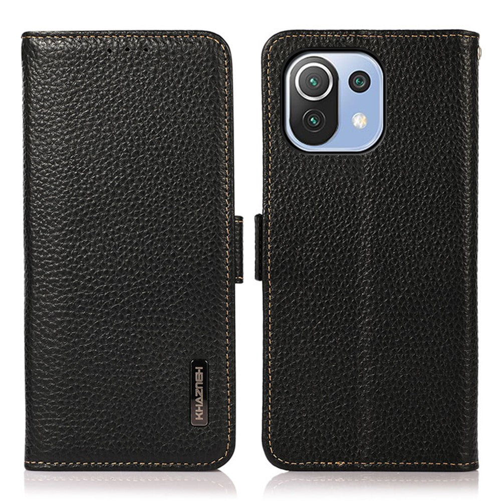 KHAZNEH Anti-theft Swiping RFID Blocking Litchi Skin Genuine Leather Stand Phone Case with Wallet Design for Xiaomi Mi 11 Lite 4G / 5G / 11 Lite 5G NE
