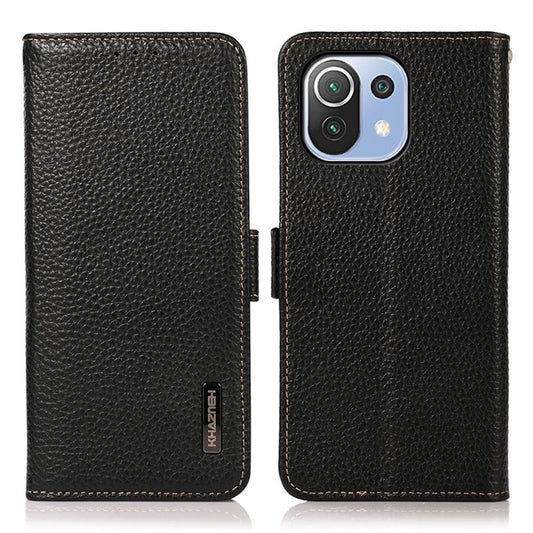 KHAZNEH Anti-theft Swiping RFID Blocking Litchi Skin Genuine Leather Stand Phone Case with Wallet Design for Xiaomi Mi 11 Lite 4G / 5G / 11 Lite 5G NE