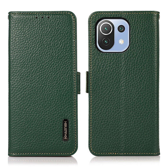 KHAZNEH Anti-theft Swiping RFID Blocking Litchi Skin Genuine Leather Stand Phone Case with Wallet Design for Xiaomi Mi 11 Lite 4G / 5G / 11 Lite 5G NE