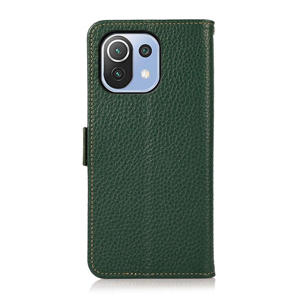 KHAZNEH Anti-theft Swiping RFID Blocking Litchi Skin Genuine Leather Stand Phone Case with Wallet Design for Xiaomi Mi 11 Lite 4G / 5G / 11 Lite 5G NE