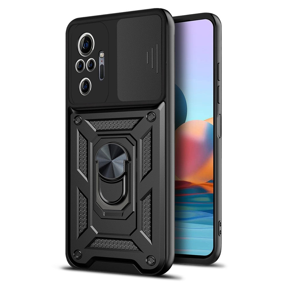 Shockproof Camera Slide Phone Hybrid Case Cover with Kickstand Ring Holder for Xiaomi Redmi Note 10 Pro 4G (Global) / Note 10 Pro 4G (India)