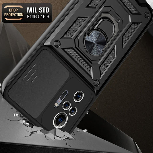 Shockproof Camera Slide Phone Hybrid Case Cover with Kickstand Ring Holder for Xiaomi Redmi Note 10 Pro 4G (Global) / Note 10 Pro 4G (India)