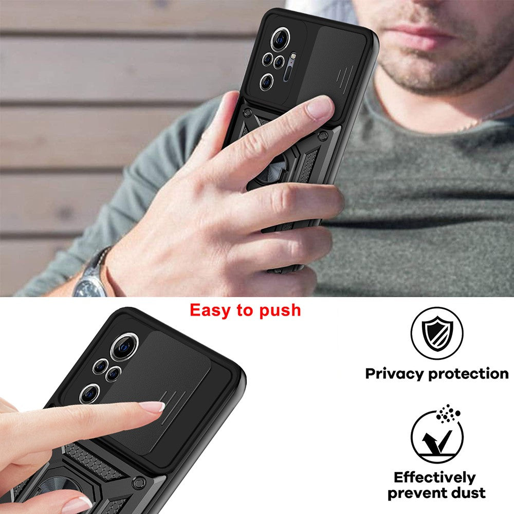 Shockproof Camera Slide Phone Hybrid Case Cover with Kickstand Ring Holder for Xiaomi Redmi Note 10 Pro 4G (Global) / Note 10 Pro 4G (India)