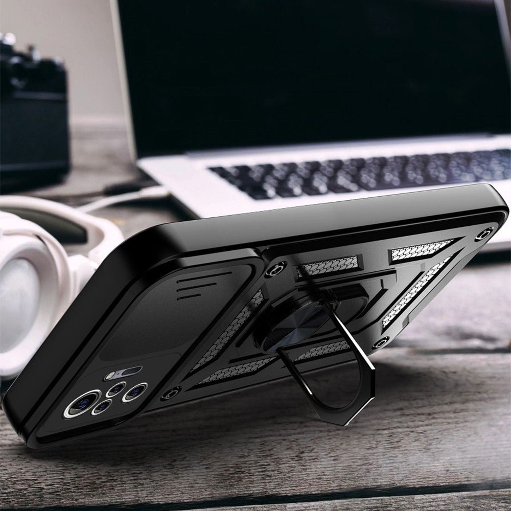 Shockproof Camera Slide Phone Hybrid Case Cover with Kickstand Ring Holder for Xiaomi Redmi Note 10 Pro 4G (Global) / Note 10 Pro 4G (India)