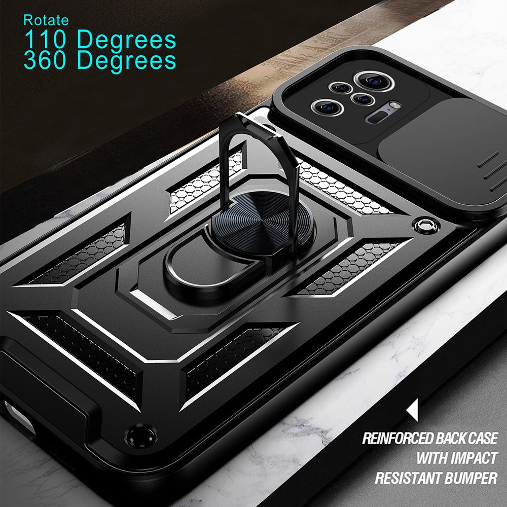 Shockproof Camera Slide Phone Hybrid Case Cover with Kickstand Ring Holder for Xiaomi Redmi Note 10 Pro 4G (Global) / Note 10 Pro 4G (India)
