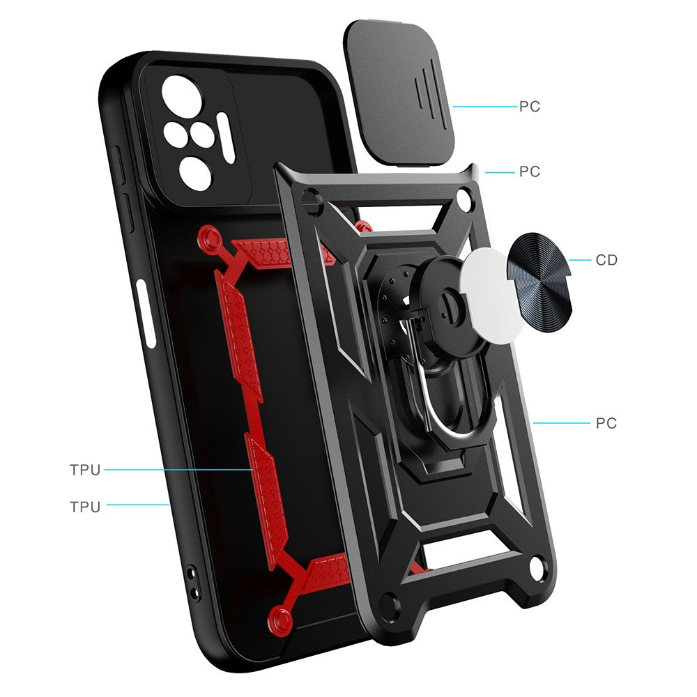 Shockproof Camera Slide Phone Hybrid Case Cover with Kickstand Ring Holder for Xiaomi Redmi Note 10 Pro 4G (Global) / Note 10 Pro 4G (India)