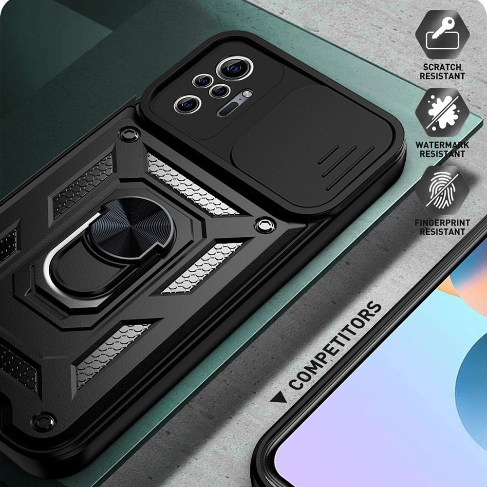 Shockproof Camera Slide Phone Hybrid Case Cover with Kickstand Ring Holder for Xiaomi Redmi Note 10 Pro 4G (Global) / Note 10 Pro 4G (India)