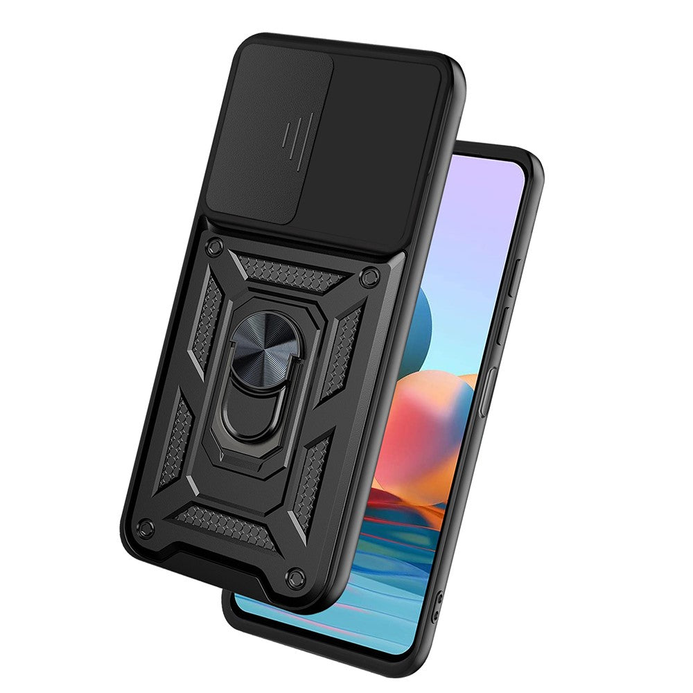 Shockproof Camera Slide Phone Hybrid Case Cover with Kickstand Ring Holder for Xiaomi Redmi Note 10 Pro 4G (Global) / Note 10 Pro 4G (India)