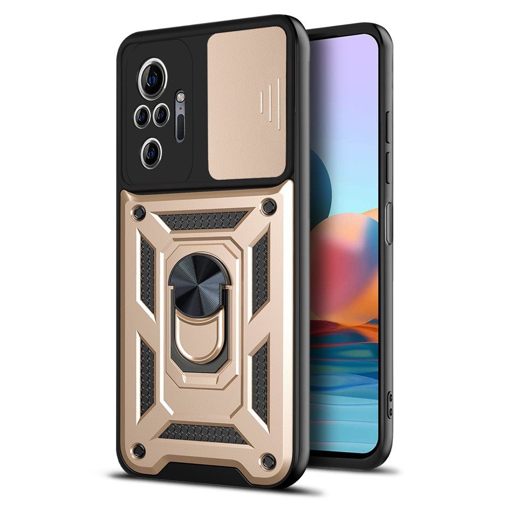 Shockproof Camera Slide Phone Hybrid Case Cover with Kickstand Ring Holder for Xiaomi Redmi Note 10 Pro 4G (Global) / Note 10 Pro 4G (India)