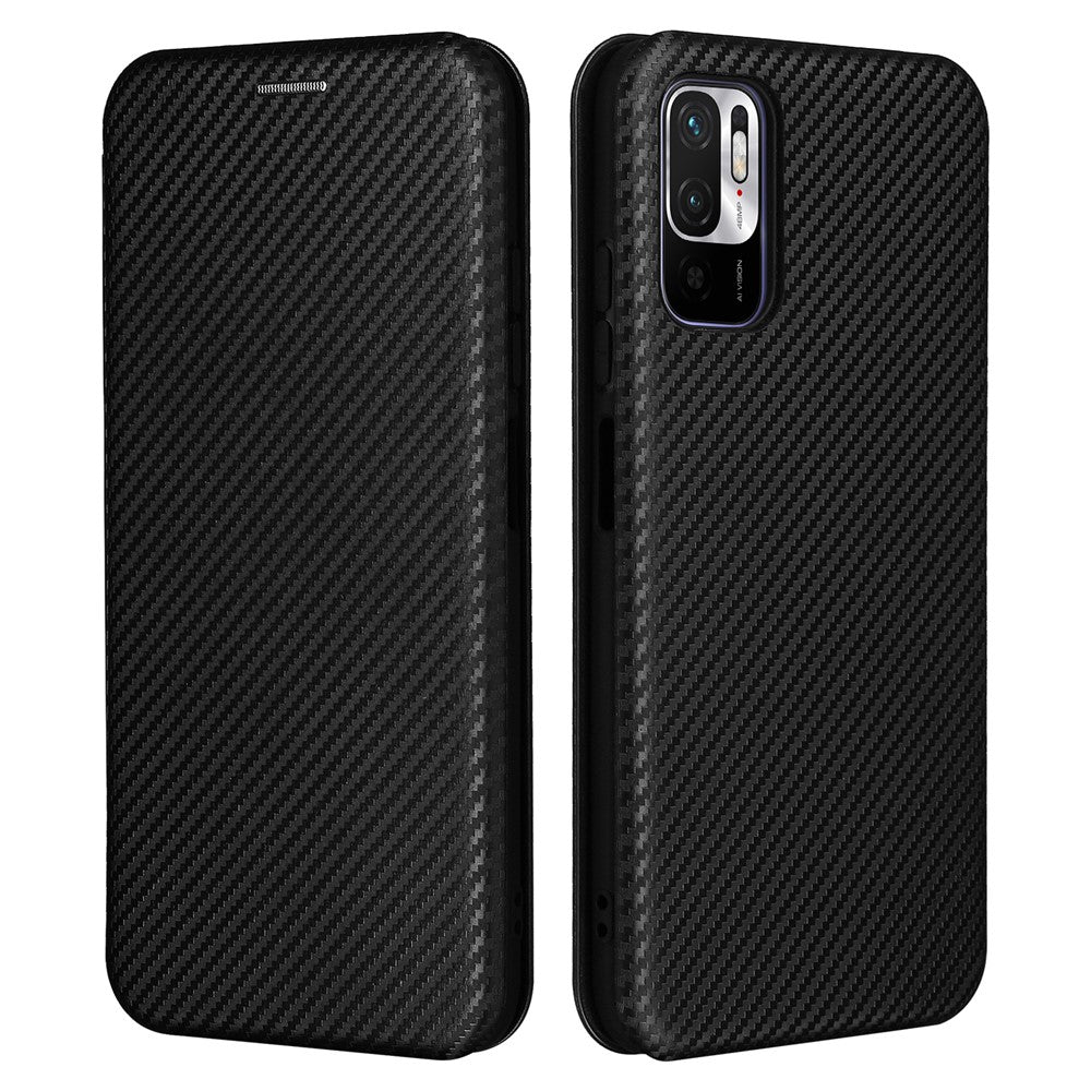Carbon Fiber Texture Auto-absorbed Leather Case with Card Slot and Ring Strap for Xiaomi Redmi Note 10 5G/Poco M3 Pro 4G/5G