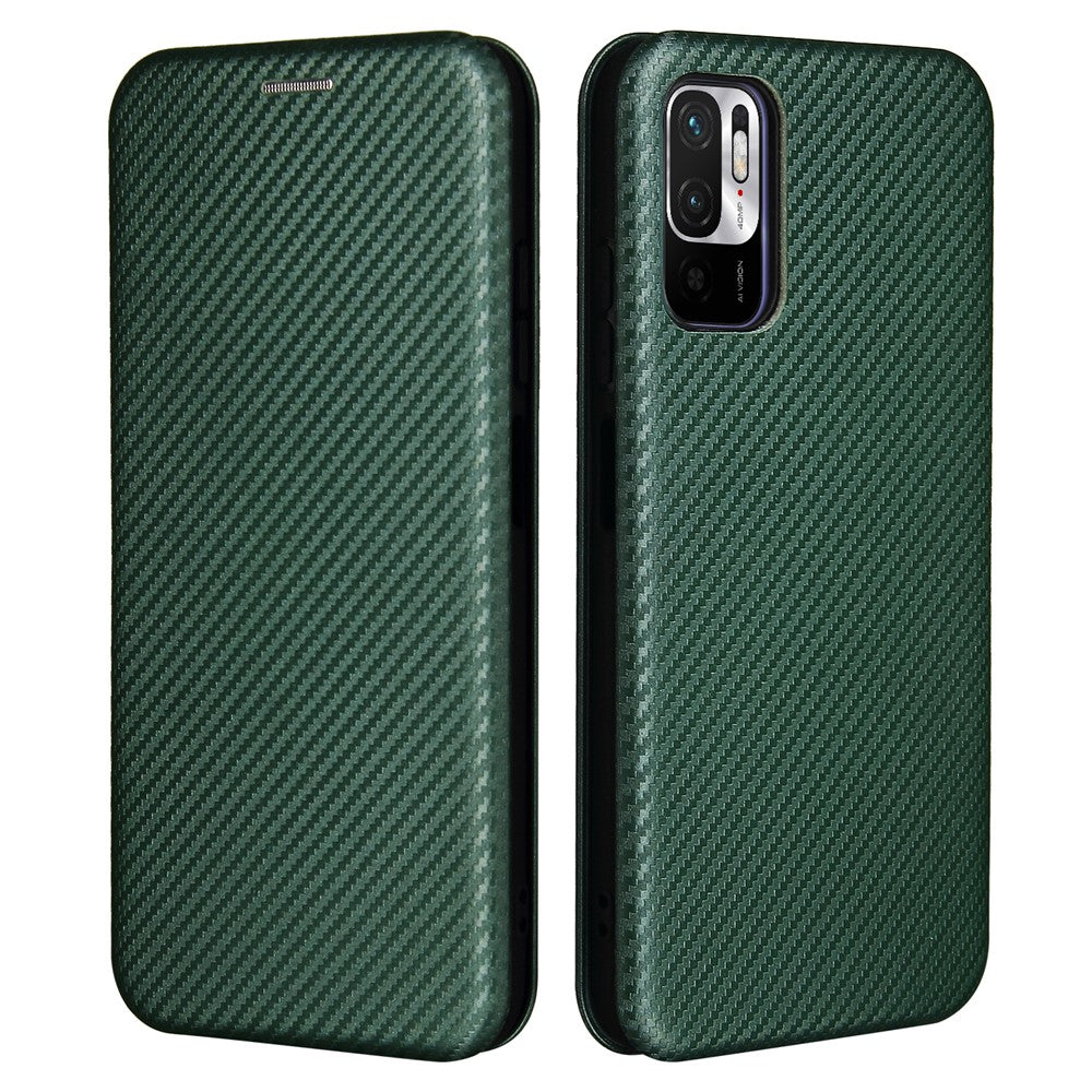 Carbon Fiber Texture Auto-absorbed Leather Case with Card Slot and Ring Strap for Xiaomi Redmi Note 10 5G/Poco M3 Pro 4G/5G