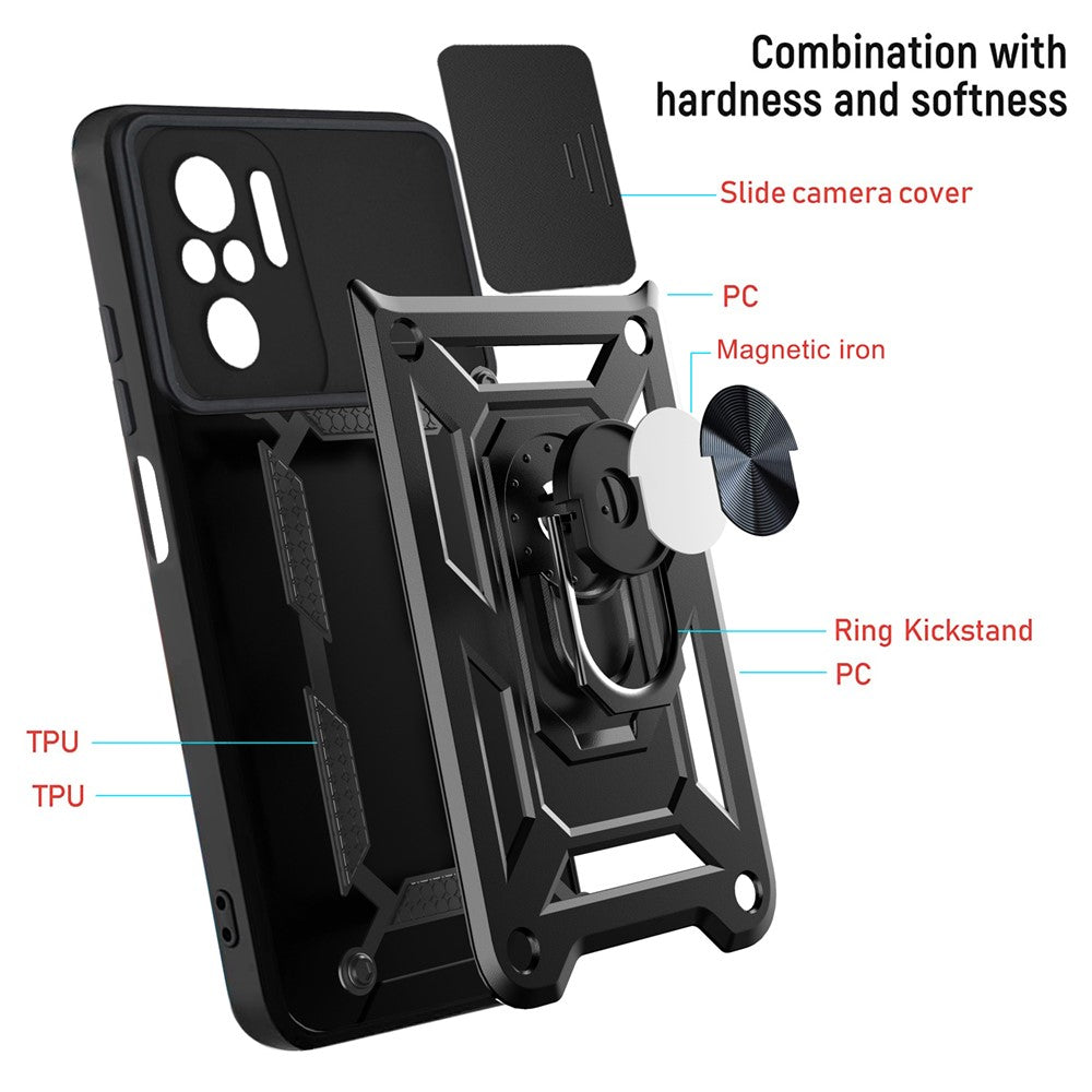 Camera Slide Shockproof Phone Case Cover with Kickstand for Xiaomi Redmi Note 10 4G / 10S 4G / Poco M5s 4G