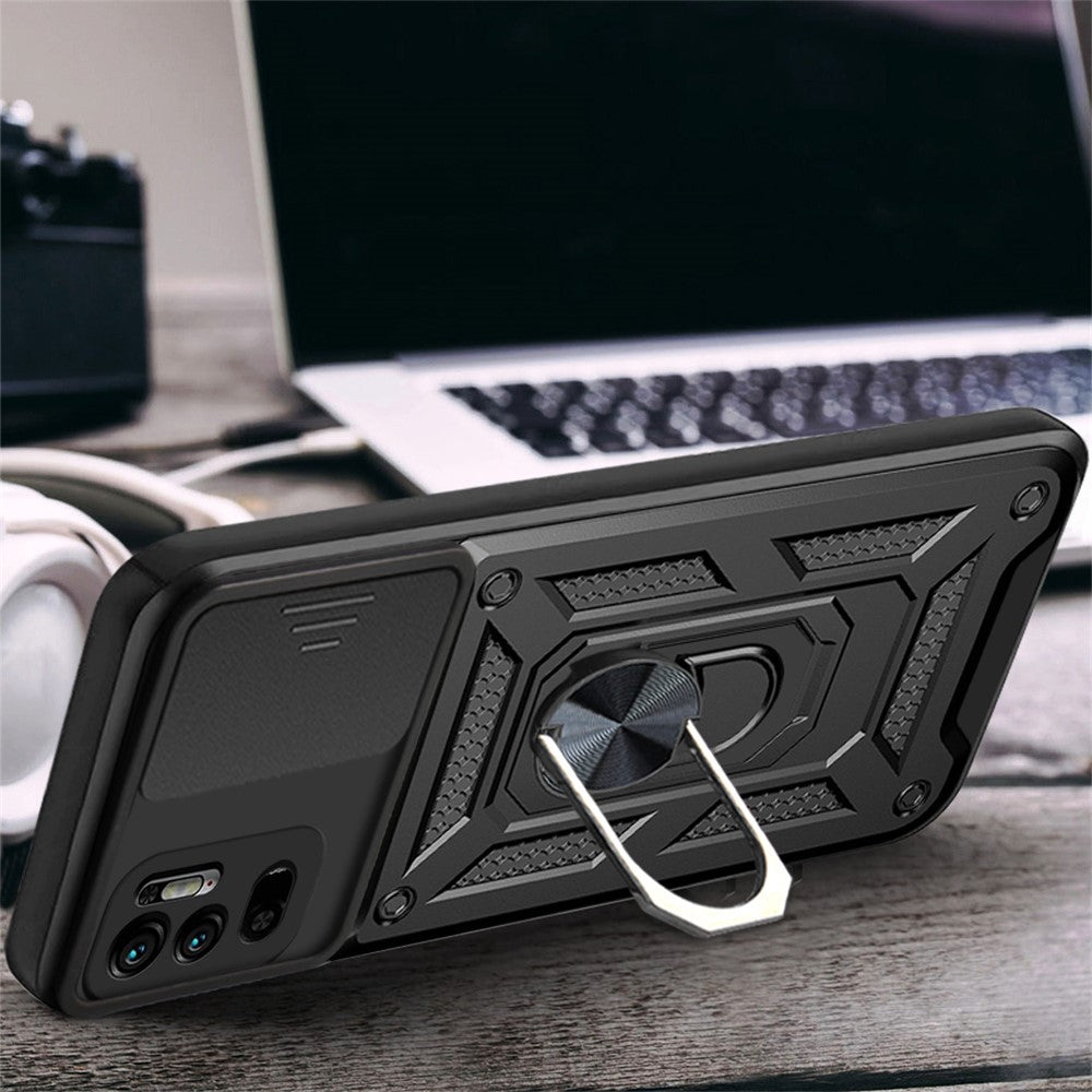 Kickstand PC + TPU Shockproof Scratch-Resistant Slide Camera Cover Phone Case for Xiaomi Redmi Note 10 5G/Note 10T 5G /Poco M3 Pro 4G/5G