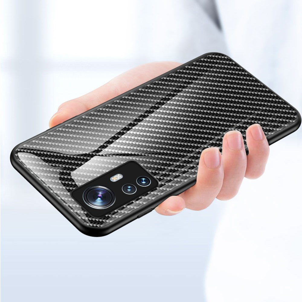 For Xiaomi 12 5G/12X 5G/12S 5G Scratch-Resistant Carbon Fiber Texture Tempered Glass + PC Protective Cover Soft TPU Frame Shock Absorption Phone Case