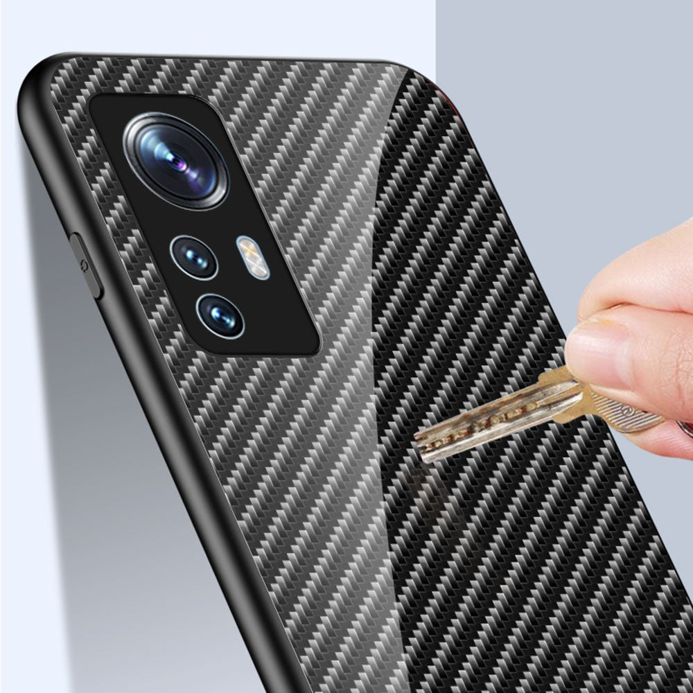 For Xiaomi 12 5G/12X 5G/12S 5G Scratch-Resistant Carbon Fiber Texture Tempered Glass + PC Protective Cover Soft TPU Frame Shock Absorption Phone Case