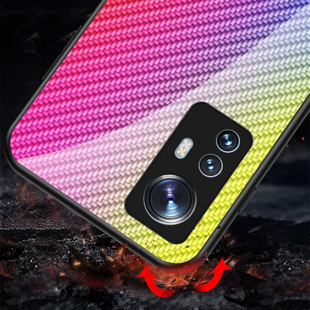 For Xiaomi 12 5G/12X 5G/12S 5G Scratch-Resistant Carbon Fiber Texture Tempered Glass + PC Protective Cover Soft TPU Frame Shock Absorption Phone Case