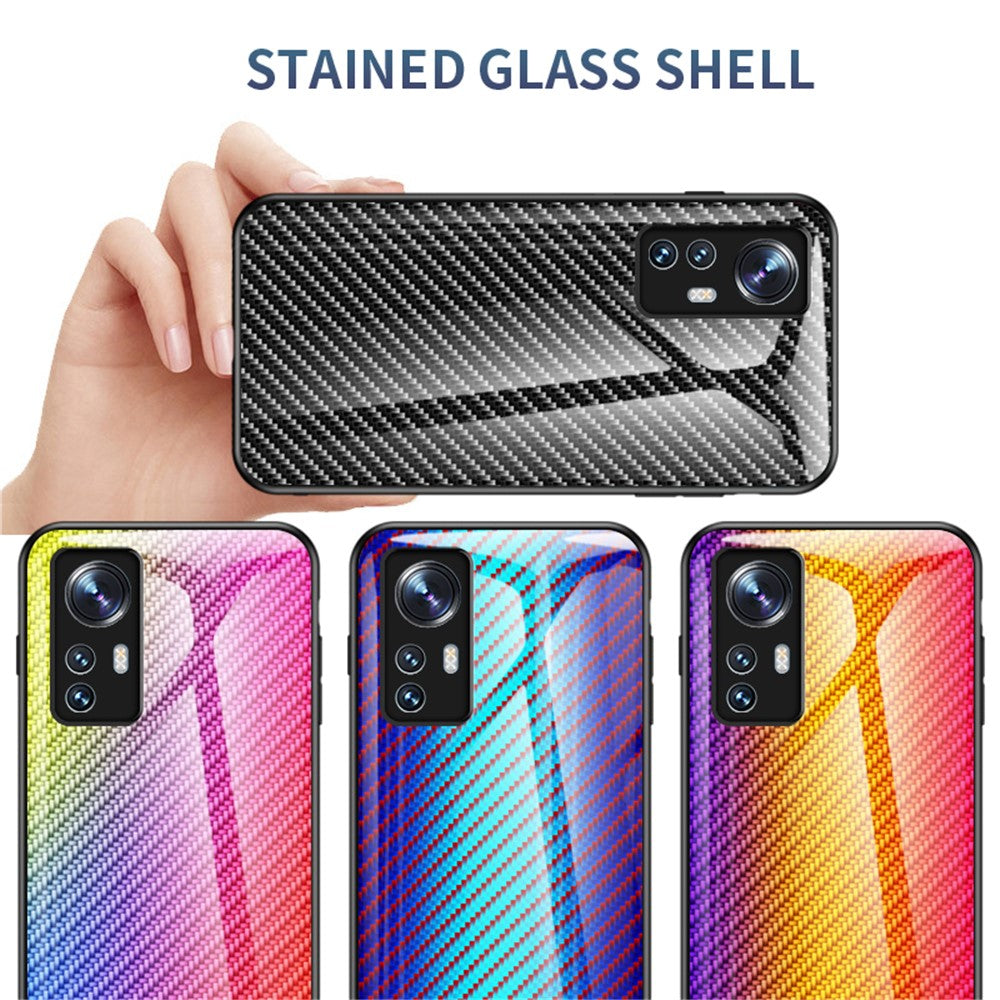 For Xiaomi 12 5G/12X 5G/12S 5G Scratch-Resistant Carbon Fiber Texture Tempered Glass + PC Protective Cover Soft TPU Frame Shock Absorption Phone Case