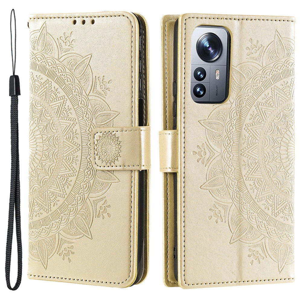 For Xiaomi 12 5G/12X 5G/12S 5G Imprinted Mandala Flower Flip Phone Cover PU Leather Wallet Stand Shockproof Protective Case with Strap