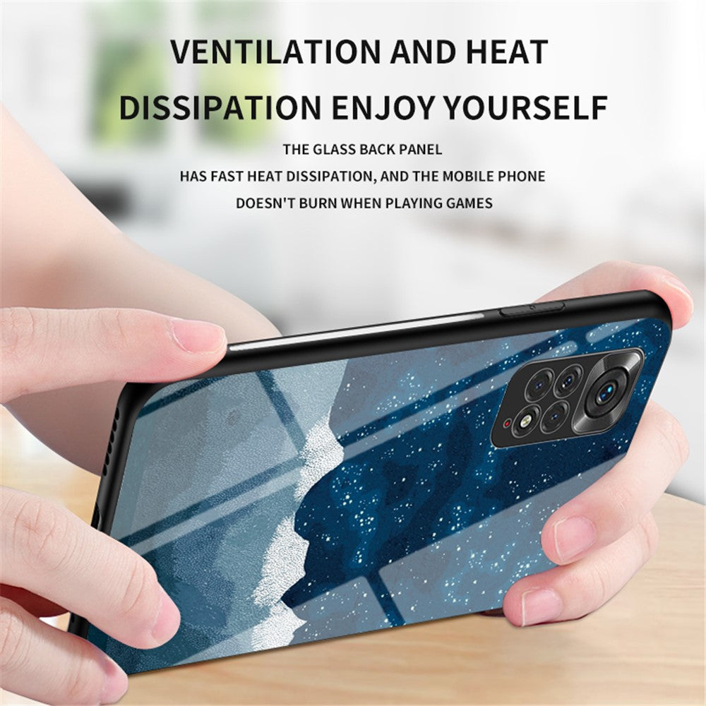 For Xiaomi Redmi Note 11 4G (Qualcomm)/Redmi Note 11S 4G Cell Phone Case Anti-scratch Hard Tempered Glass + PC Back Soft TPU Starry Sky Pattern Design Cover