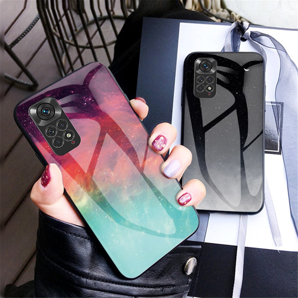 For Xiaomi Redmi Note 11 4G (Qualcomm)/Redmi Note 11S 4G Cell Phone Case Anti-scratch Hard Tempered Glass + PC Back Soft TPU Starry Sky Pattern Design Cover
