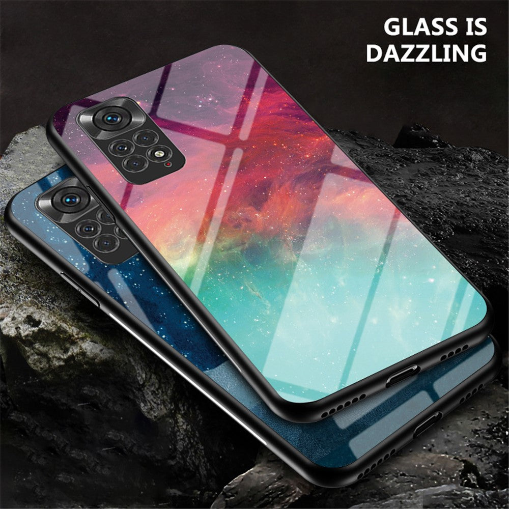 For Xiaomi Redmi Note 11 4G (Qualcomm)/Redmi Note 11S 4G Cell Phone Case Anti-scratch Hard Tempered Glass + PC Back Soft TPU Starry Sky Pattern Design Cover