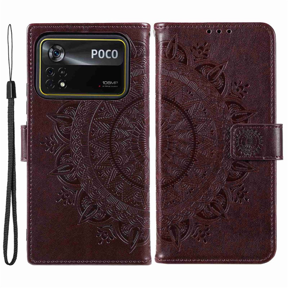 For Xiaomi Poco X4 Pro 5G Wallet Stand Design Imprinted Mandala Flower Fully Wrapped PU Leather Phone Flip Cover Phone Case