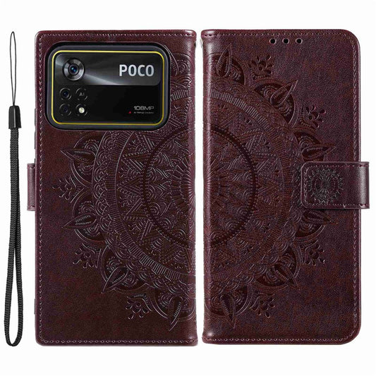 Xiaomi Poco X4 Pro 5G Handyhülle – Brieftaschen-Ständer-Design, bedruckte Mandala-Blume, vollständig umwickelte PU-Leder-Handy-Klapphülle