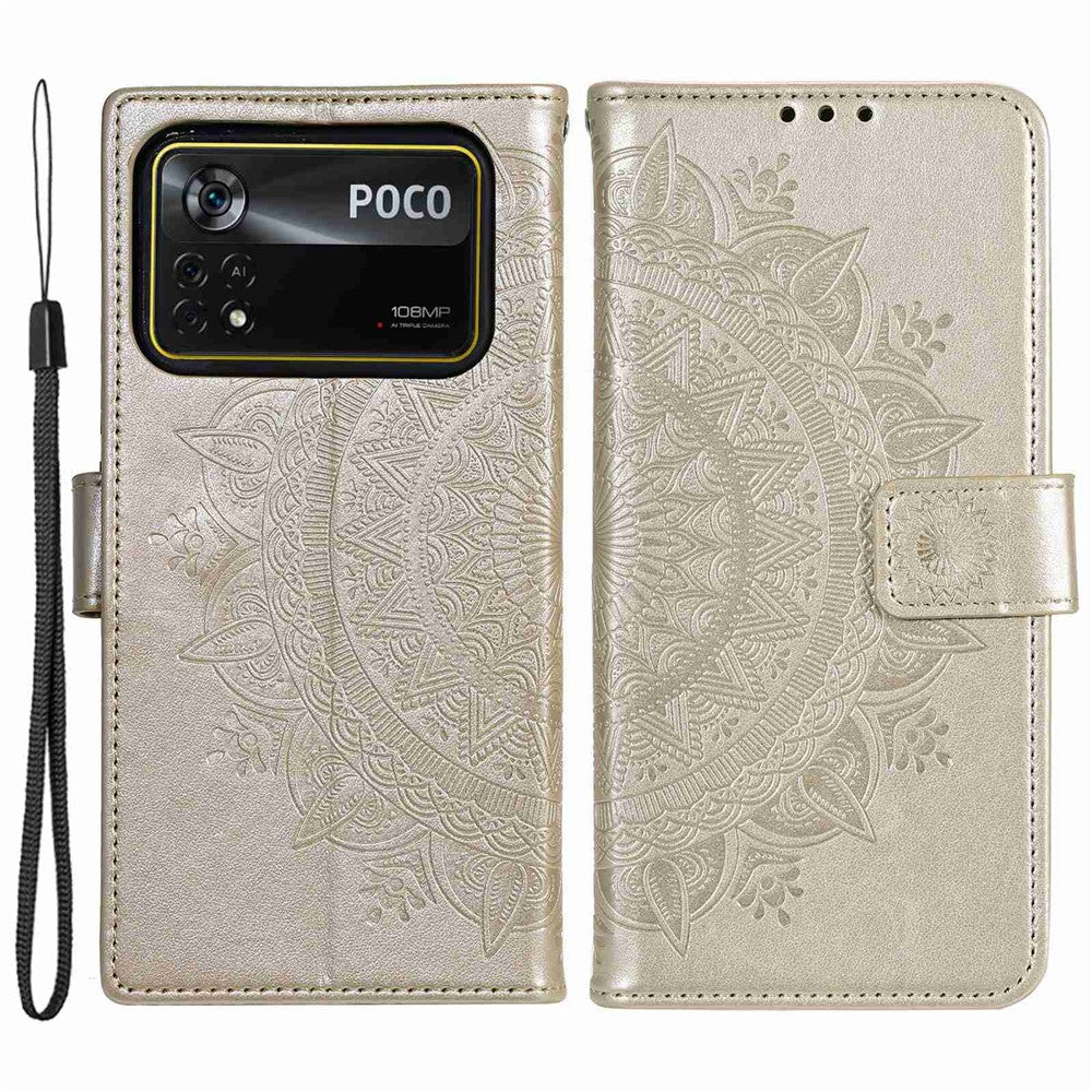 For Xiaomi Poco X4 Pro 5G Wallet Stand Design Imprinted Mandala Flower Fully Wrapped PU Leather Phone Flip Cover Phone Case