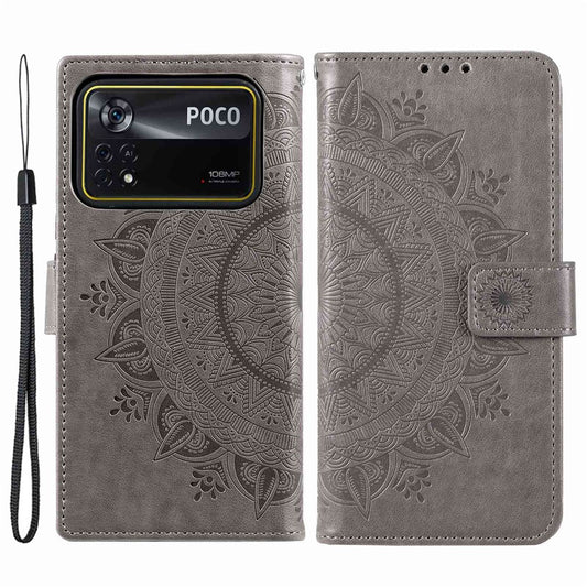 Xiaomi Poco X4 Pro 5G Handyhülle – Brieftaschen-Ständer-Design, bedruckte Mandala-Blume, vollständig umwickelte PU-Leder-Handy-Klapphülle