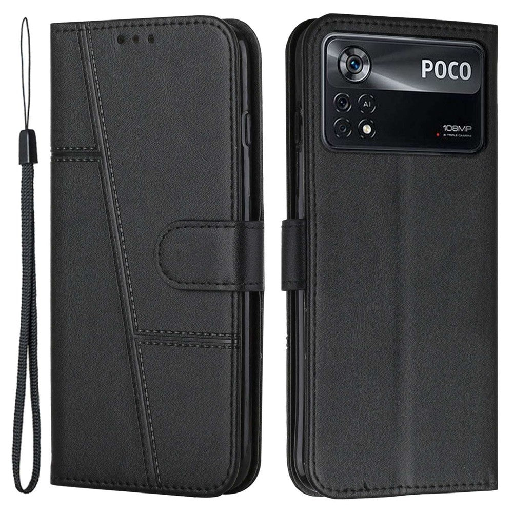 For Xiaomi Poco X4 Pro 5G Stitching Wallet Case PU Leather Magnetic Closure Stand Function Mobile Phone Cover with Strap