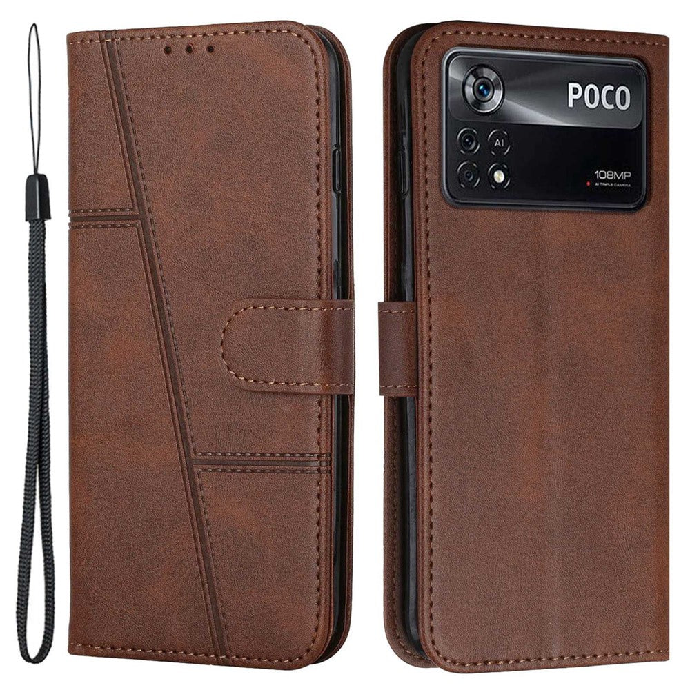For Xiaomi Poco X4 Pro 5G Stitching Wallet Case PU Leather Magnetic Closure Stand Function Mobile Phone Cover with Strap