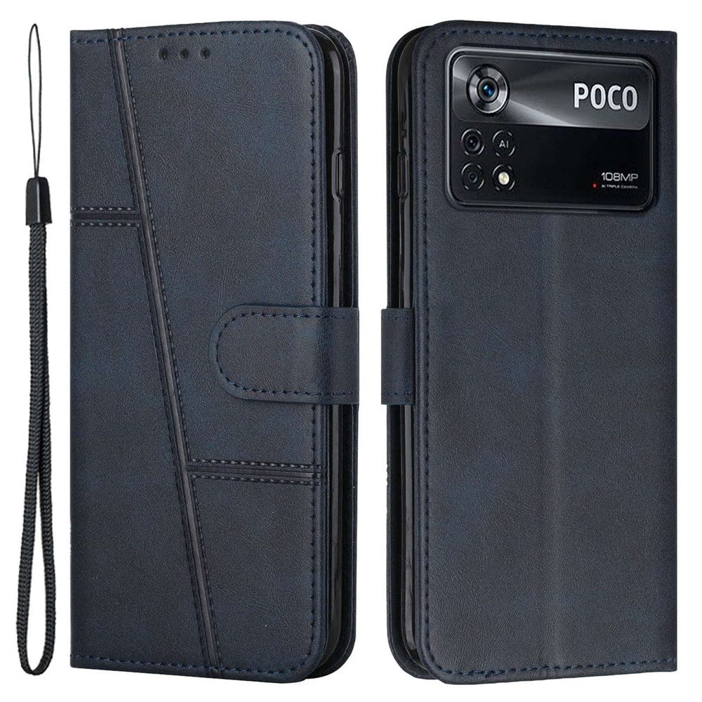 For Xiaomi Poco X4 Pro 5G Stitching Wallet Case PU Leather Magnetic Closure Stand Function Mobile Phone Cover with Strap