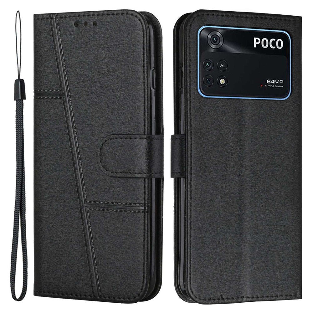 For Xiaomi Poco M4 Pro Phone Card Holder Case Wallet Magnetic PU Leather+Soft TPU Fine Stitching Phone Cover with Strap
