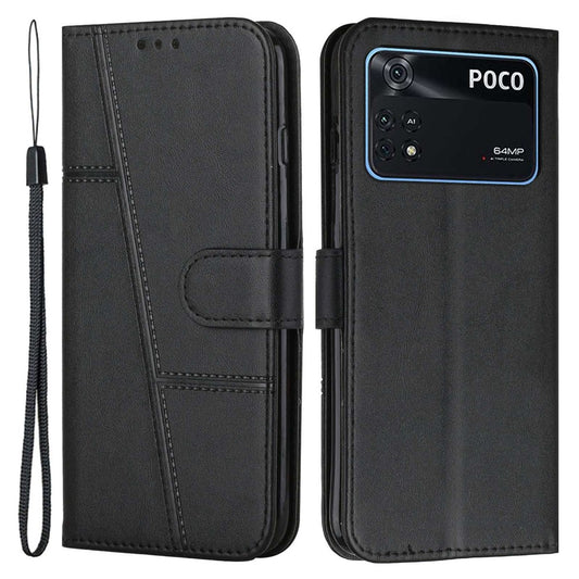 For Xiaomi Poco M4 Pro Phone Card Holder Case Wallet Magnetic PU Leather+Soft TPU Fine Stitching Phone Cover with Strap