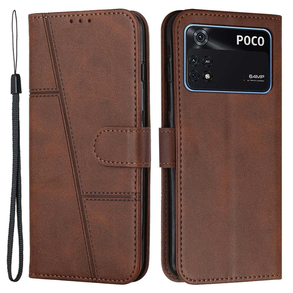 For Xiaomi Poco M4 Pro Phone Card Holder Case Wallet Magnetic PU Leather+Soft TPU Fine Stitching Phone Cover with Strap