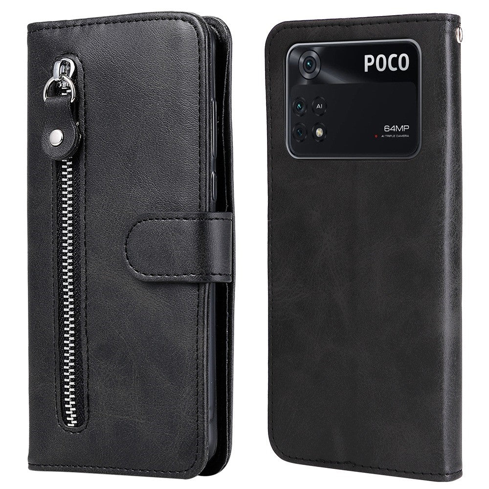 For Xiaomi Poco M4 Pro Wallet Stand Feature PU Leather Phone Case Magnetic Clasp Zipper Pocket Shockproof Cover