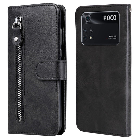 For Xiaomi Poco M4 Pro Wallet Stand Feature PU Leather Phone Case Magnetic Clasp Zipper Pocket Shockproof Cover