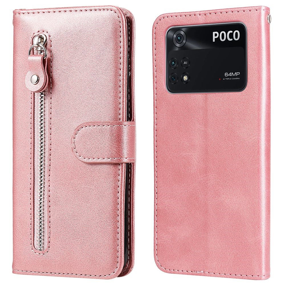 For Xiaomi Poco M4 Pro Wallet Stand Feature PU Leather Phone Case Magnetic Clasp Zipper Pocket Shockproof Cover