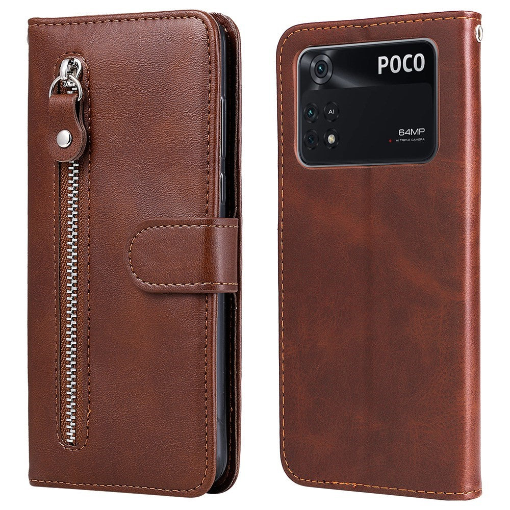 For Xiaomi Poco M4 Pro Wallet Stand Feature PU Leather Phone Case Magnetic Clasp Zipper Pocket Shockproof Cover