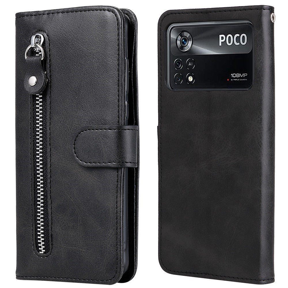 For Xiaomi Poco X4 Pro 5G Zippered Pocket Cowhide PU Leather Wallet Phone Stand Shell