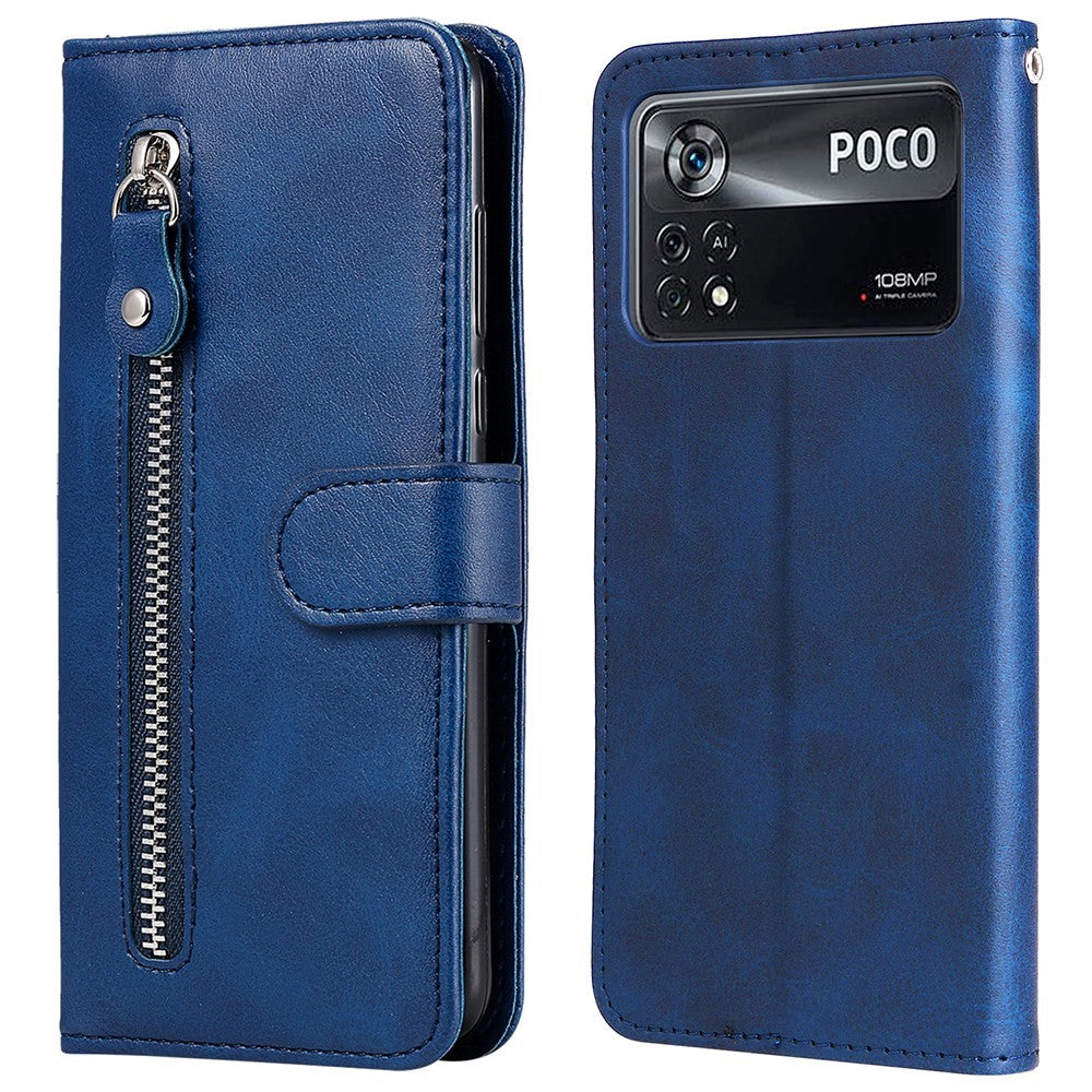 For Xiaomi Poco X4 Pro 5G Zippered Pocket Cowhide PU Leather Wallet Phone Stand Shell