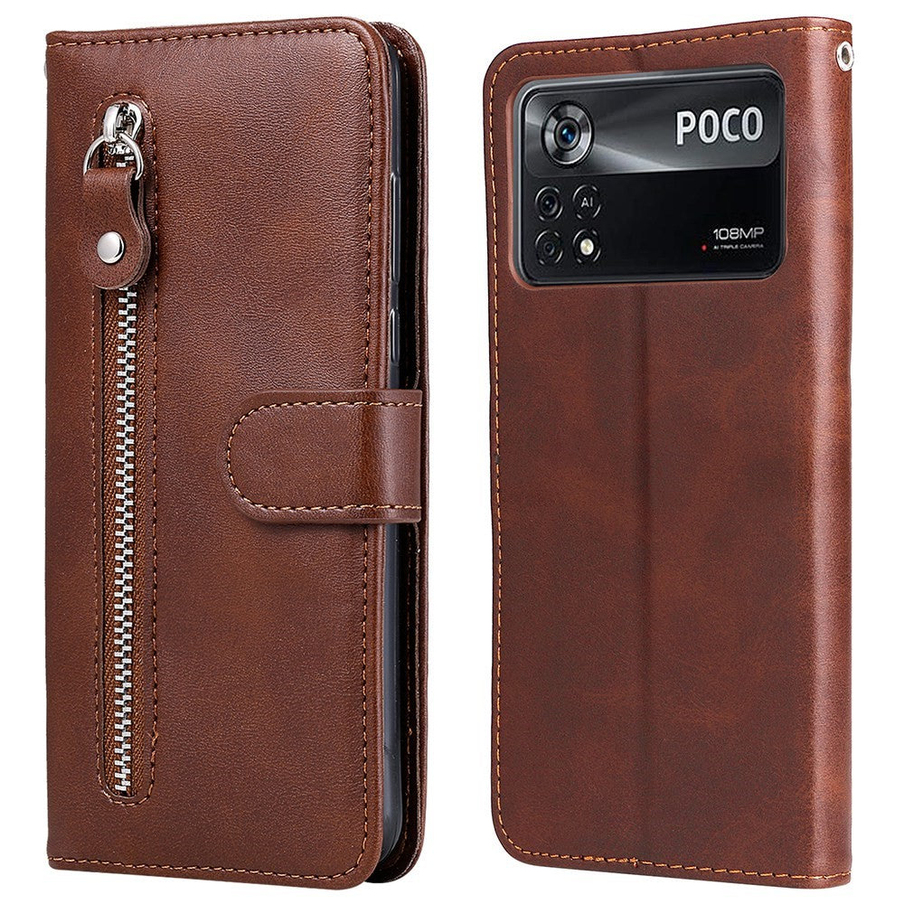 For Xiaomi Poco X4 Pro 5G Zippered Pocket Cowhide PU Leather Wallet Phone Stand Shell