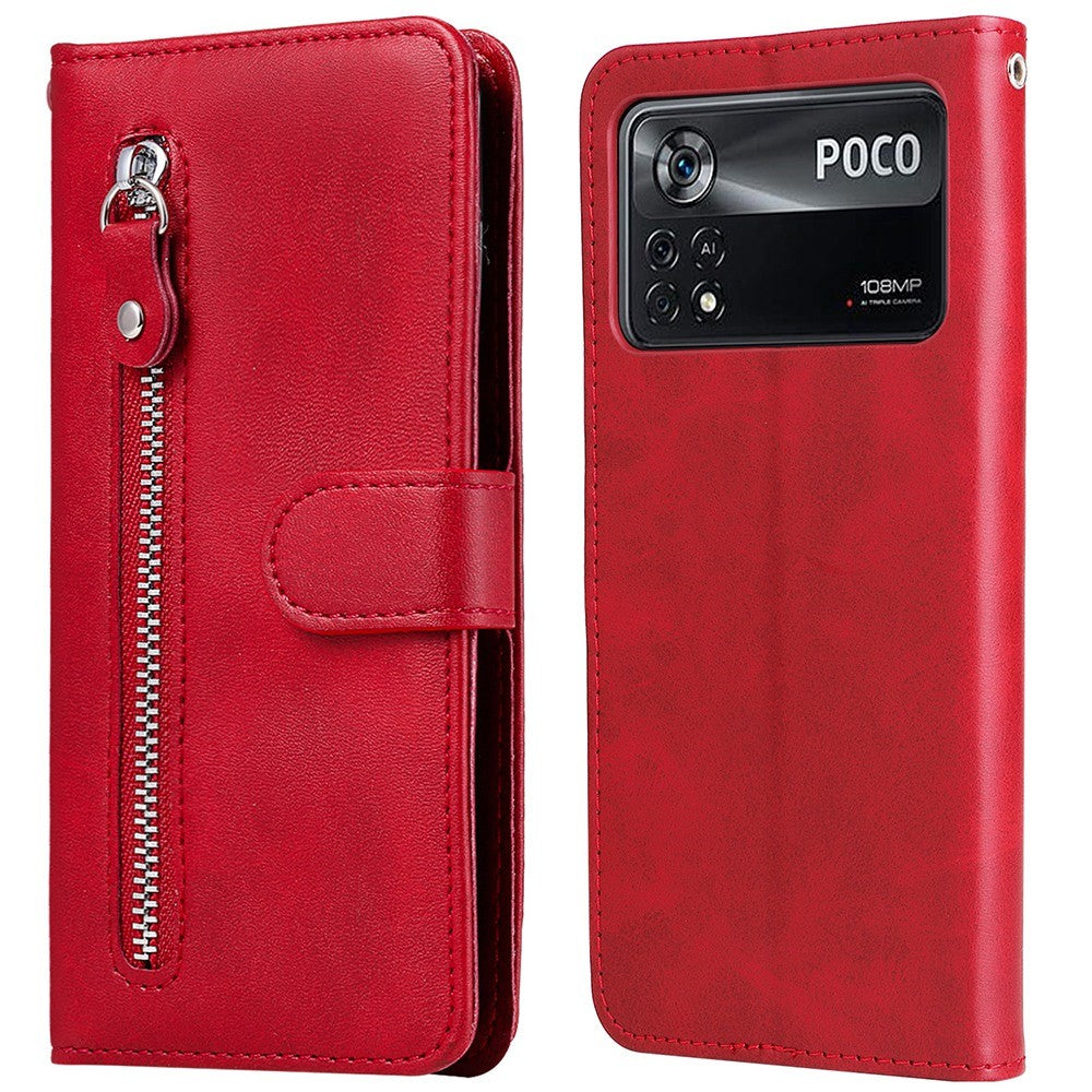 For Xiaomi Poco X4 Pro 5G Zippered Pocket Cowhide PU Leather Wallet Phone Stand Shell