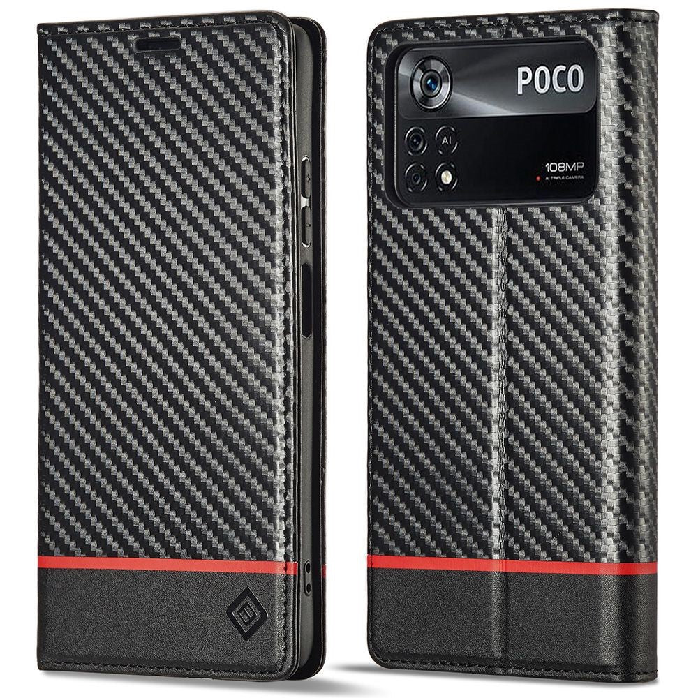 LC.IMEEKE For Xiaomi Poco X4 Pro 5G Anti-scratch Flip Wallet Case, PU Leather Carbon Fiber Texture Stand Magnetic Auto-absorbed Folio Phone Cover