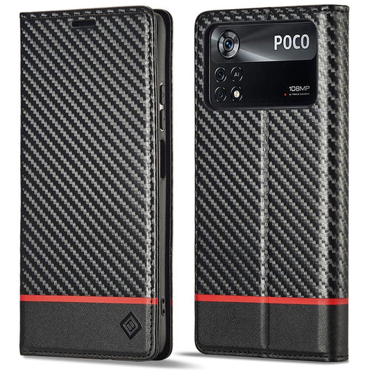 Xiaomi Poco X4 Pro 5G Wallet-Handyhülle – LC.IMEEKE Kratzfeste Flip--, PU-Leder mit Karbonfaser-Textur, magnetischer, automatisch absorbierter Folio