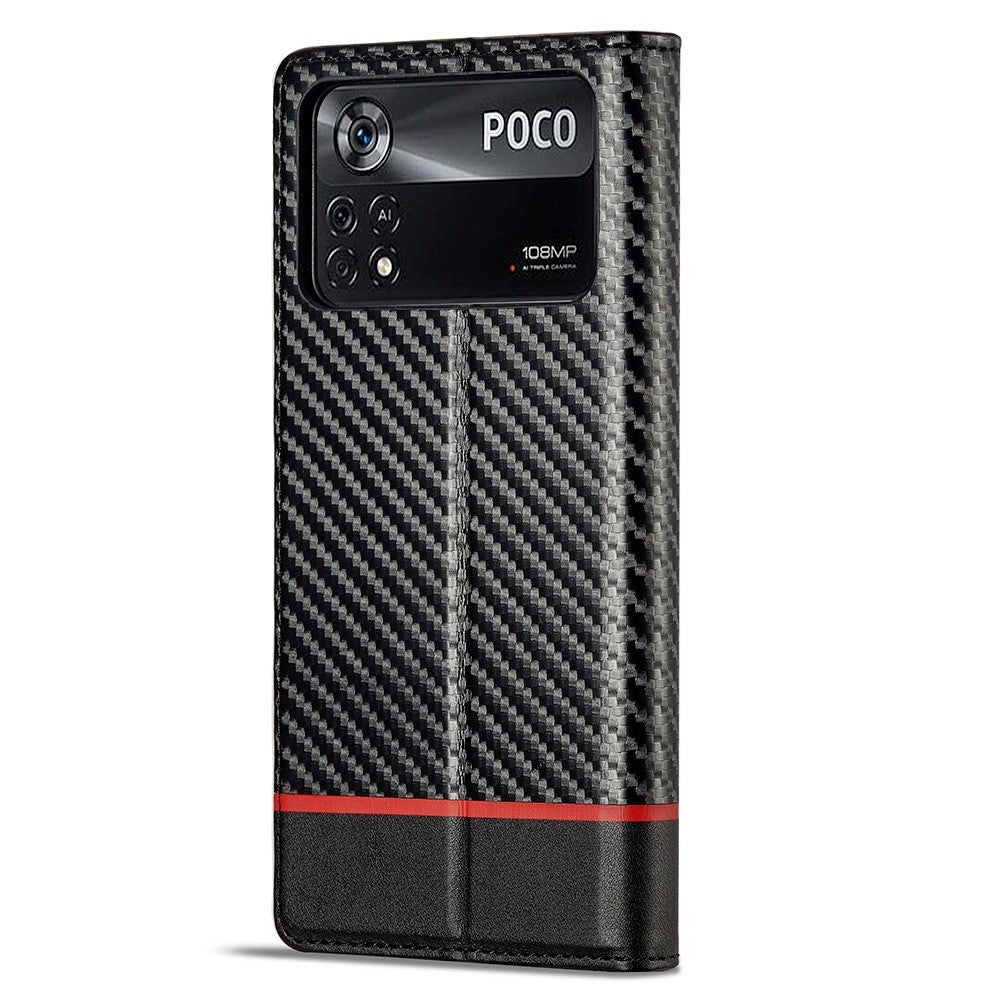 LC.IMEEKE For Xiaomi Poco X4 Pro 5G Anti-scratch Flip Wallet Case, PU Leather Carbon Fiber Texture Stand Magnetic Auto-absorbed Folio Phone Cover