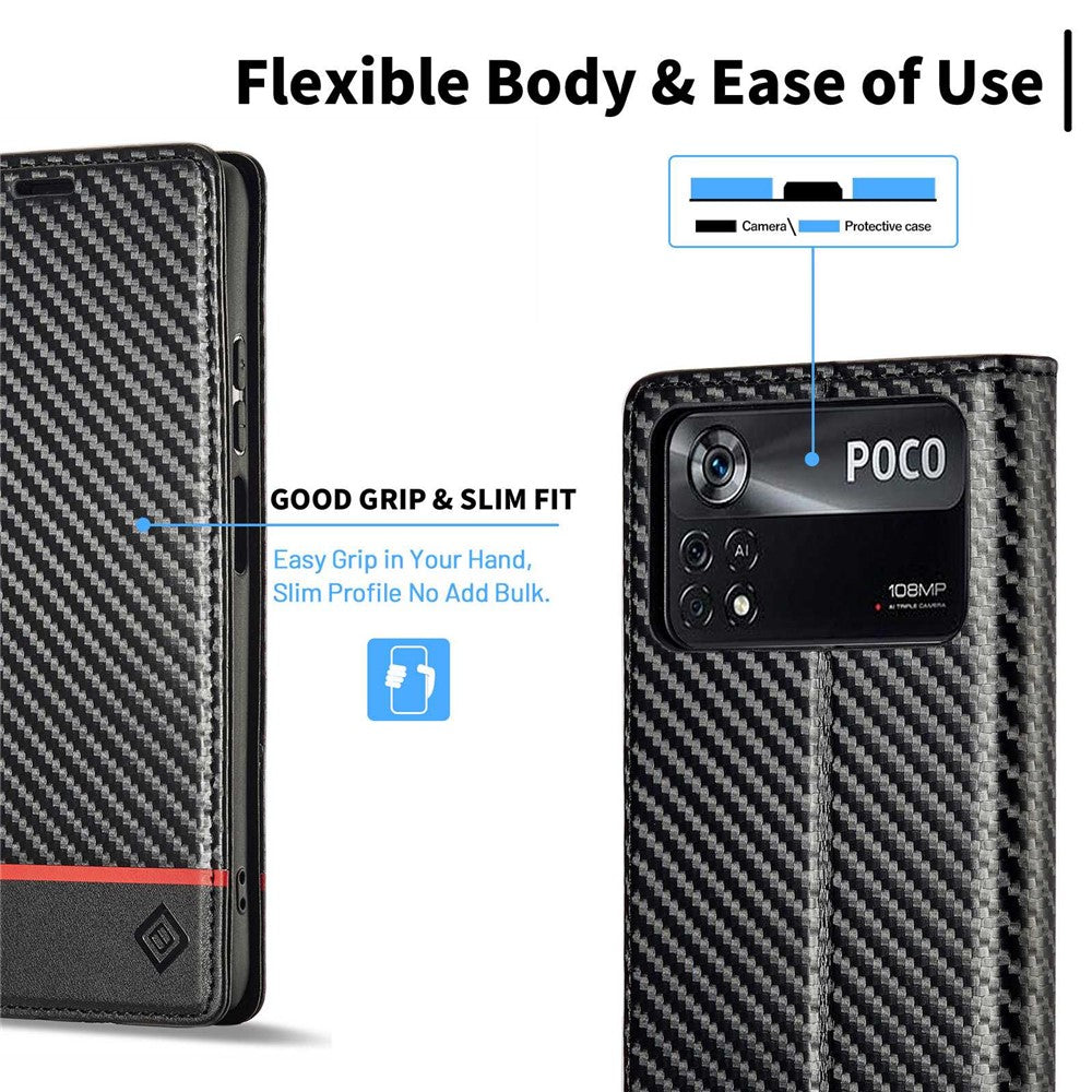 LC.IMEEKE For Xiaomi Poco X4 Pro 5G Anti-scratch Flip Wallet Case, PU Leather Carbon Fiber Texture Stand Magnetic Auto-absorbed Folio Phone Cover