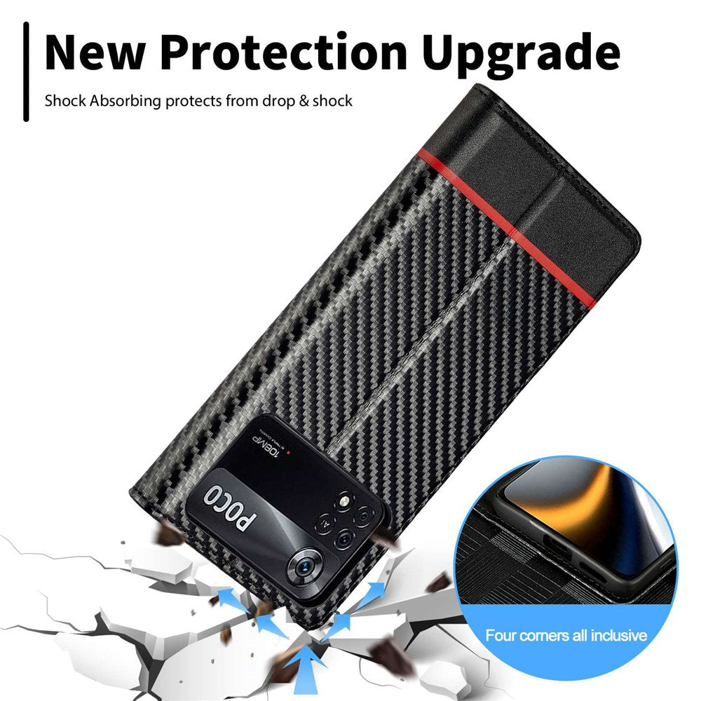 LC.IMEEKE For Xiaomi Poco X4 Pro 5G Anti-scratch Flip Wallet Case, PU Leather Carbon Fiber Texture Stand Magnetic Auto-absorbed Folio Phone Cover