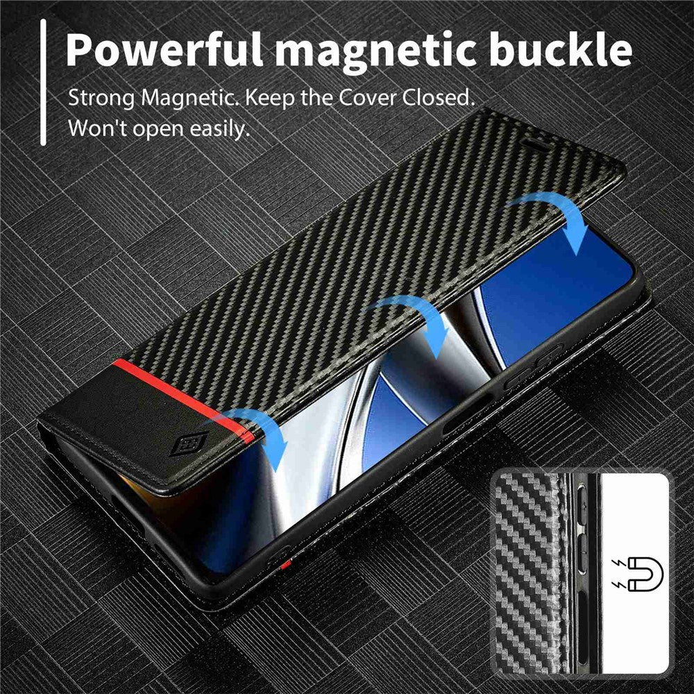 LC.IMEEKE For Xiaomi Poco X4 Pro 5G Anti-scratch Flip Wallet Case, PU Leather Carbon Fiber Texture Stand Magnetic Auto-absorbed Folio Phone Cover