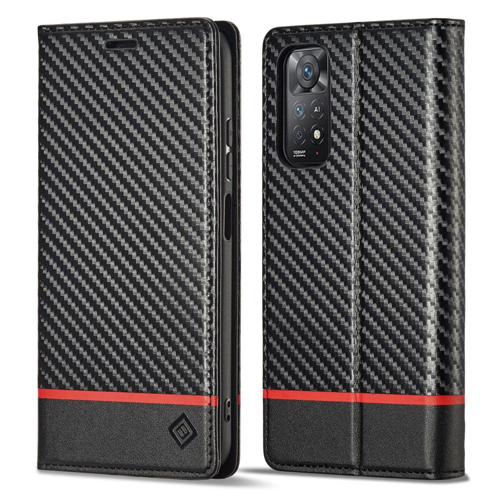 LC.IMEEKE For Xiaomi Redmi Note 11 4G (Qualcomm)/Note 11S 4G Shockproof Flip Wallet Case, PU Leather Carbon Fiber Texture Stand Magnetic Auto-absorbed Phone Cover